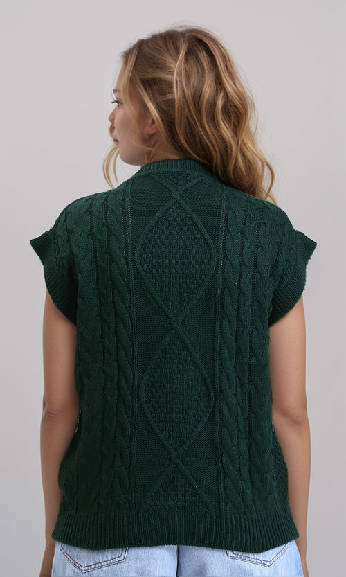 R214319 - Ribbed Round Neck Cap Sleeves Pullover - Dark Green