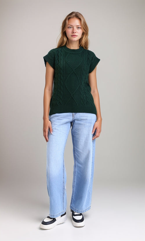 R214319 - Ribbed Round Neck Cap Sleeves Pullover - Dark Green