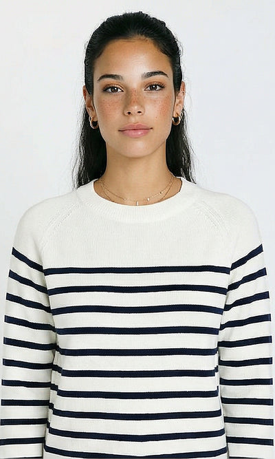 Ribbed Mock Neck Striped Long Pullover - Off-White & Black
