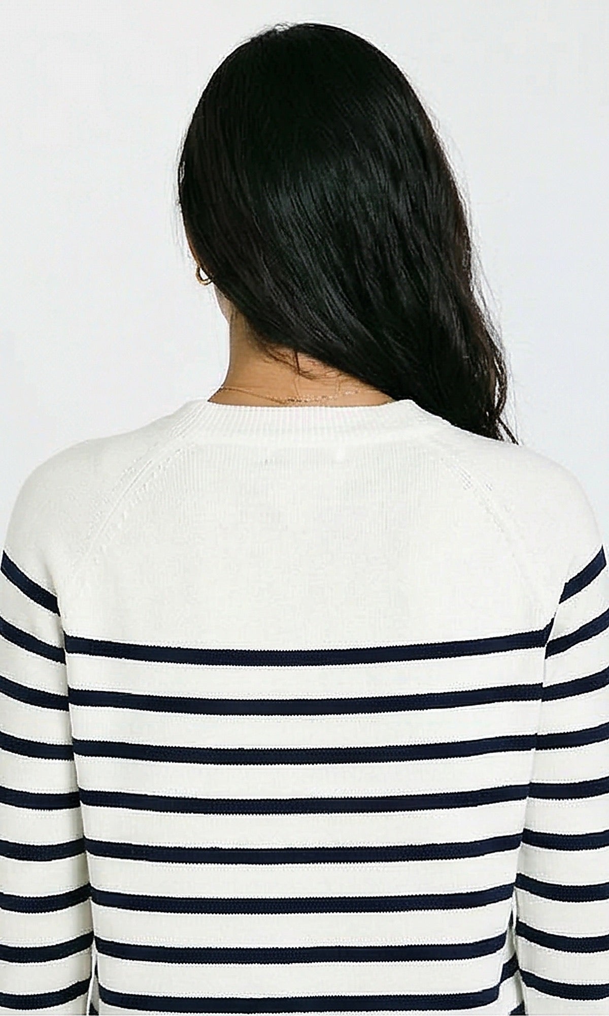 R214322 - Ribbed Mock Neck Striped Long Pullover - Off-White & Black