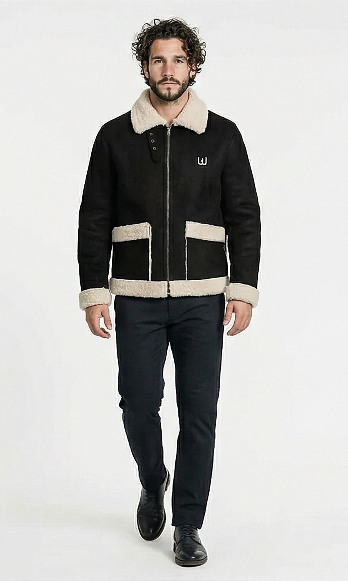 Black Suede & Sherpa Aviator Jacket