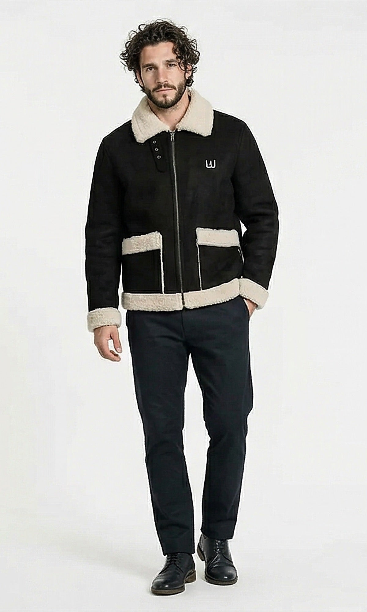 جاكيت طيار من الشمواه الأسود والشمواه الصناعي