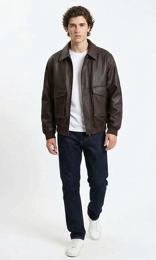 Classic Brown Bomber Jacket with Front Pockets