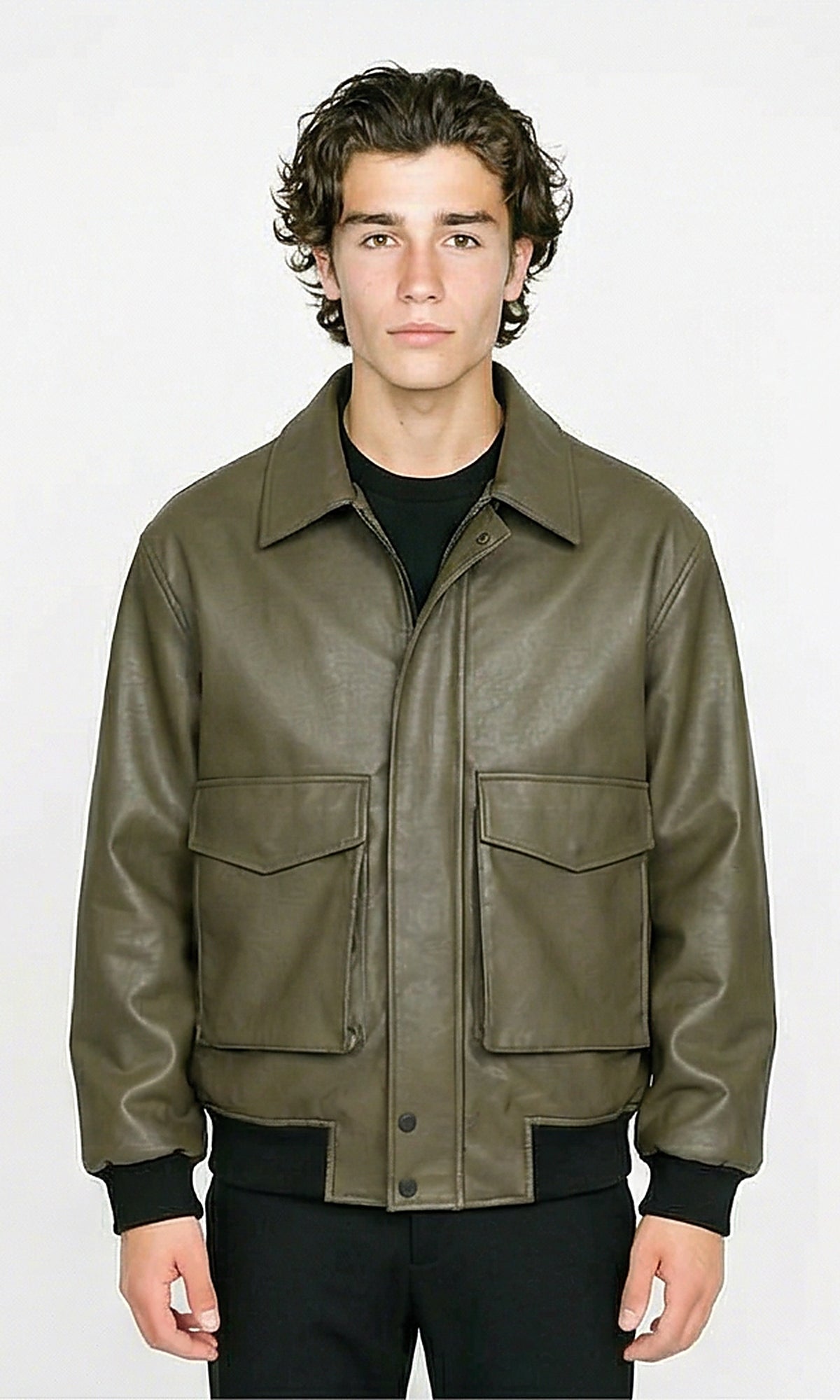Solid Leather Jacket with Front Pockets - Dark Khaki