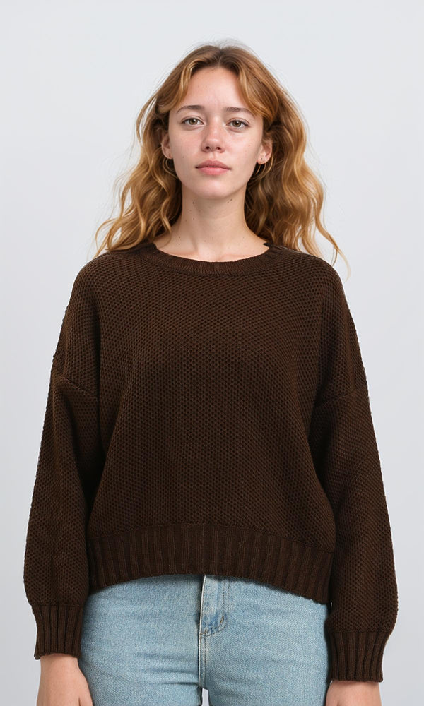 R214347 - Drop-Shoulders Chunky Knit Pullover - Burnt Brown