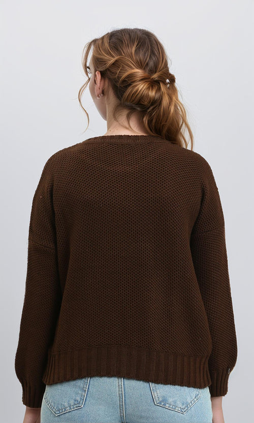 R214347 - Drop-Shoulders Chunky Knit Pullover - Burnt Brown