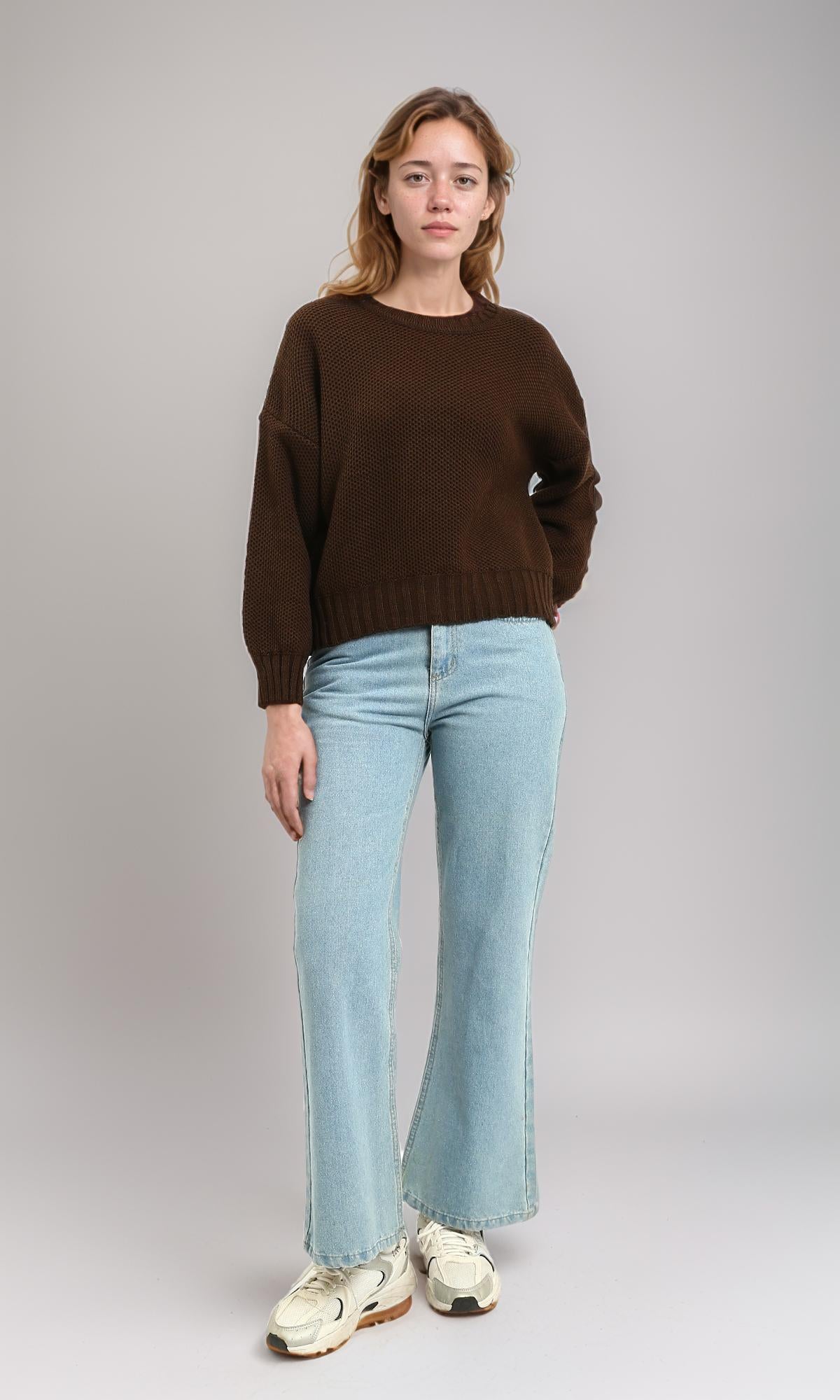 R214347 - Drop-Shoulders Chunky Knit Pullover - Burnt Brown