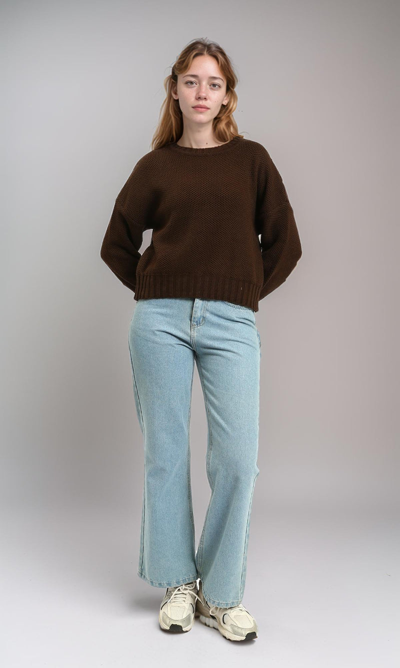 R214347 - Drop-Shoulders Chunky Knit Pullover - Burnt Brown