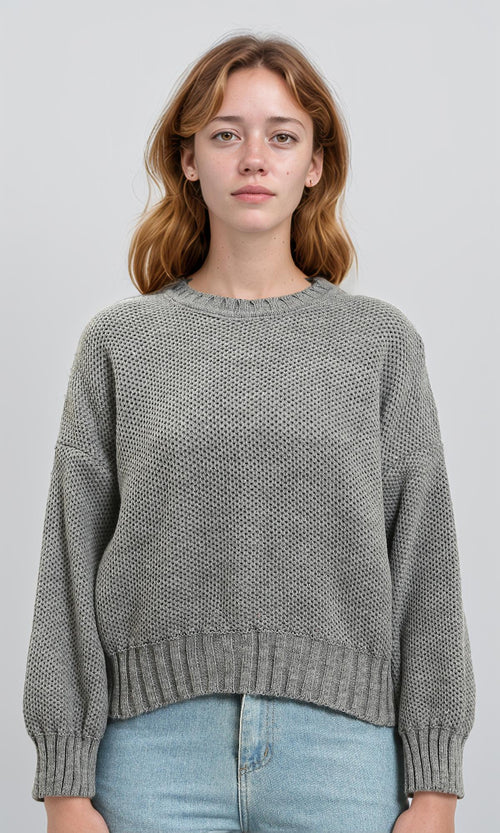 R214349 - Drop-Shoulders Chunky Knit Pullover - Heather Grey