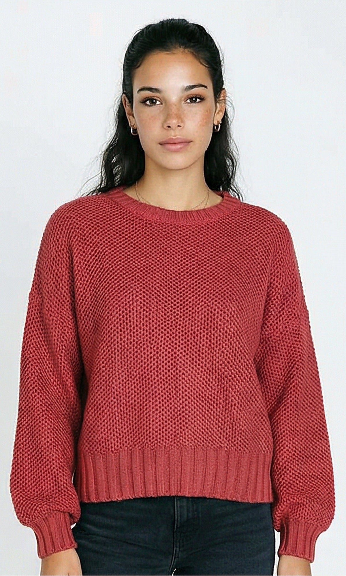 Chunky Knit Pullover with Dropped Shoulders - Ruby Red