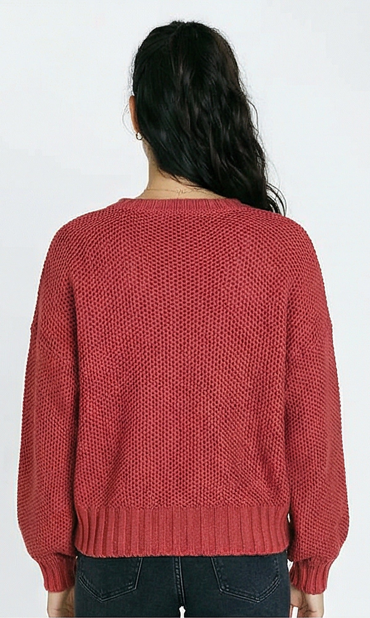 R214350 - Chunky Knit Pullover with Dropped Shoulders - Ruby Red