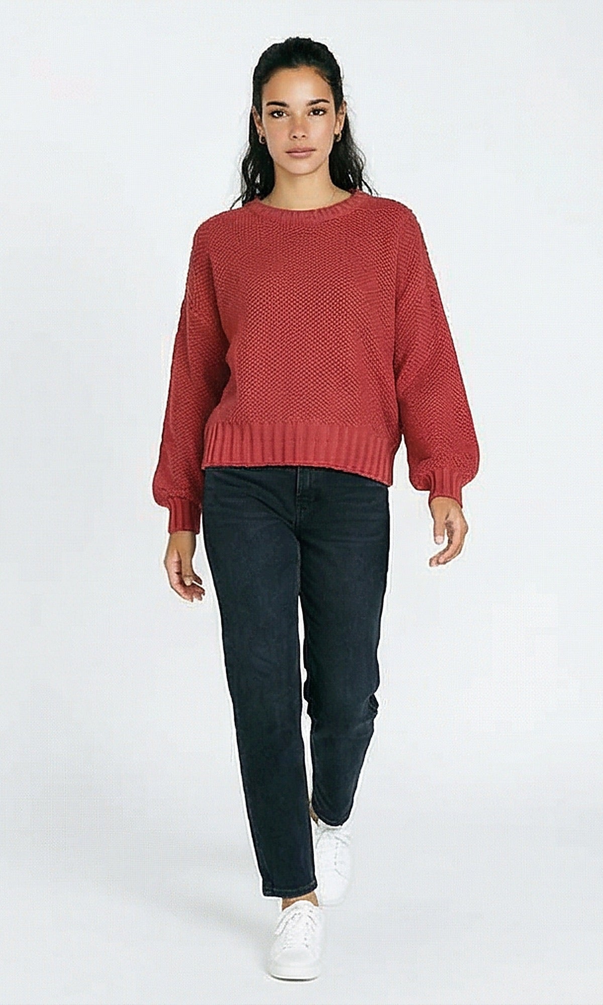 R214350 - Chunky Knit Pullover with Dropped Shoulders - Ruby Red