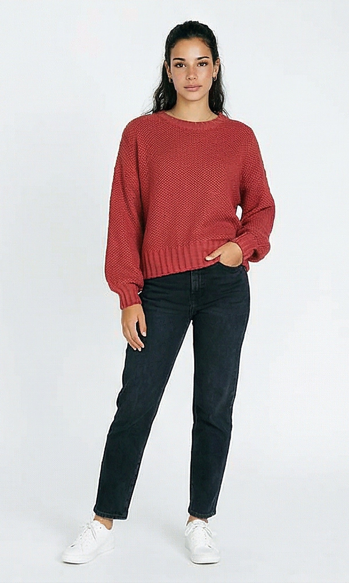 R214350 - Chunky Knit Pullover with Dropped Shoulders - Ruby Red