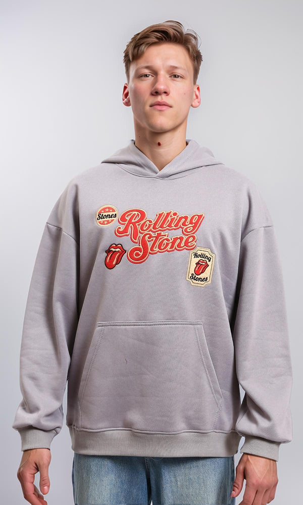 R214397 - Patched Rolling Stone Slip On Hoodie - Grey