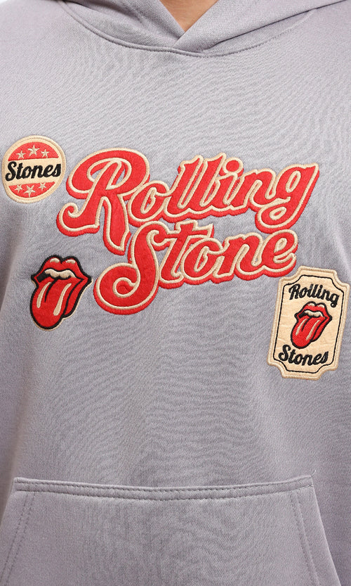 R214397 - Patched Rolling Stone Slip On Hoodie - Grey