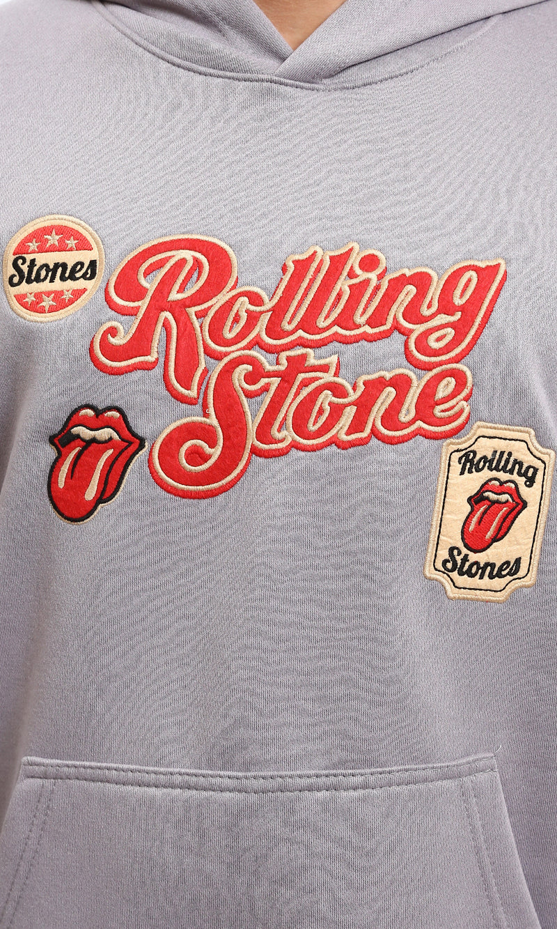 R214397 - Patched Rolling Stone Slip On Hoodie - Grey