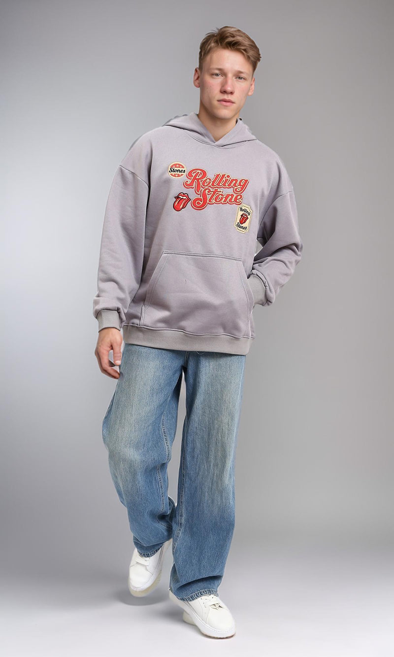 R214397 - Patched Rolling Stone Slip On Hoodie - Grey
