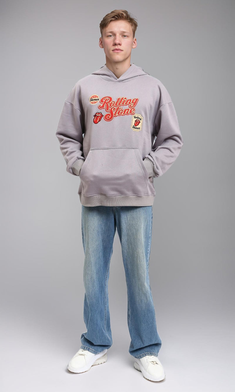 R214397 - Patched Rolling Stone Slip On Hoodie - Grey