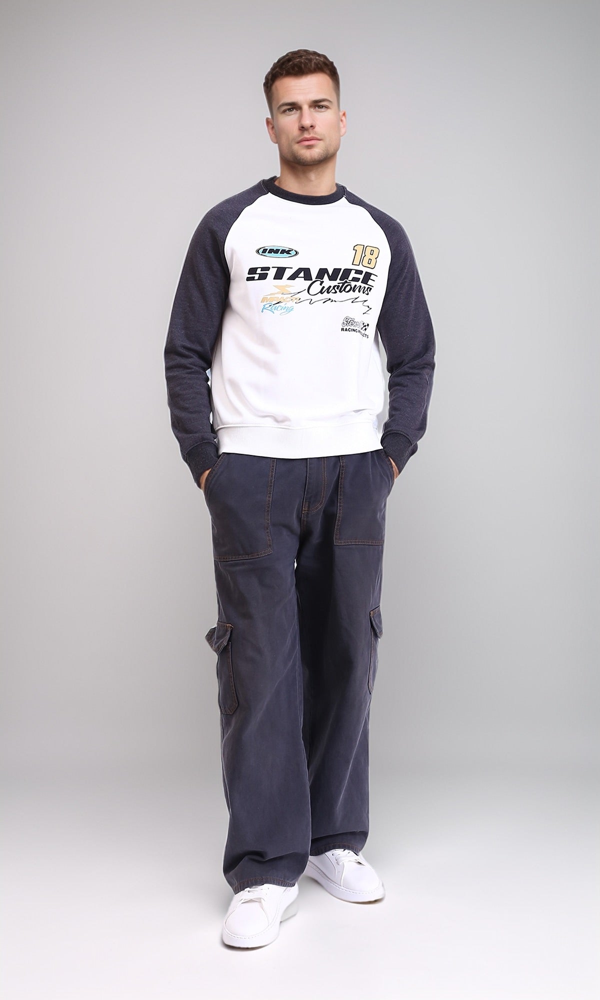 R214399 - Bi-Tone Long Sleeves Sweatshirt - Dark Grey & White
