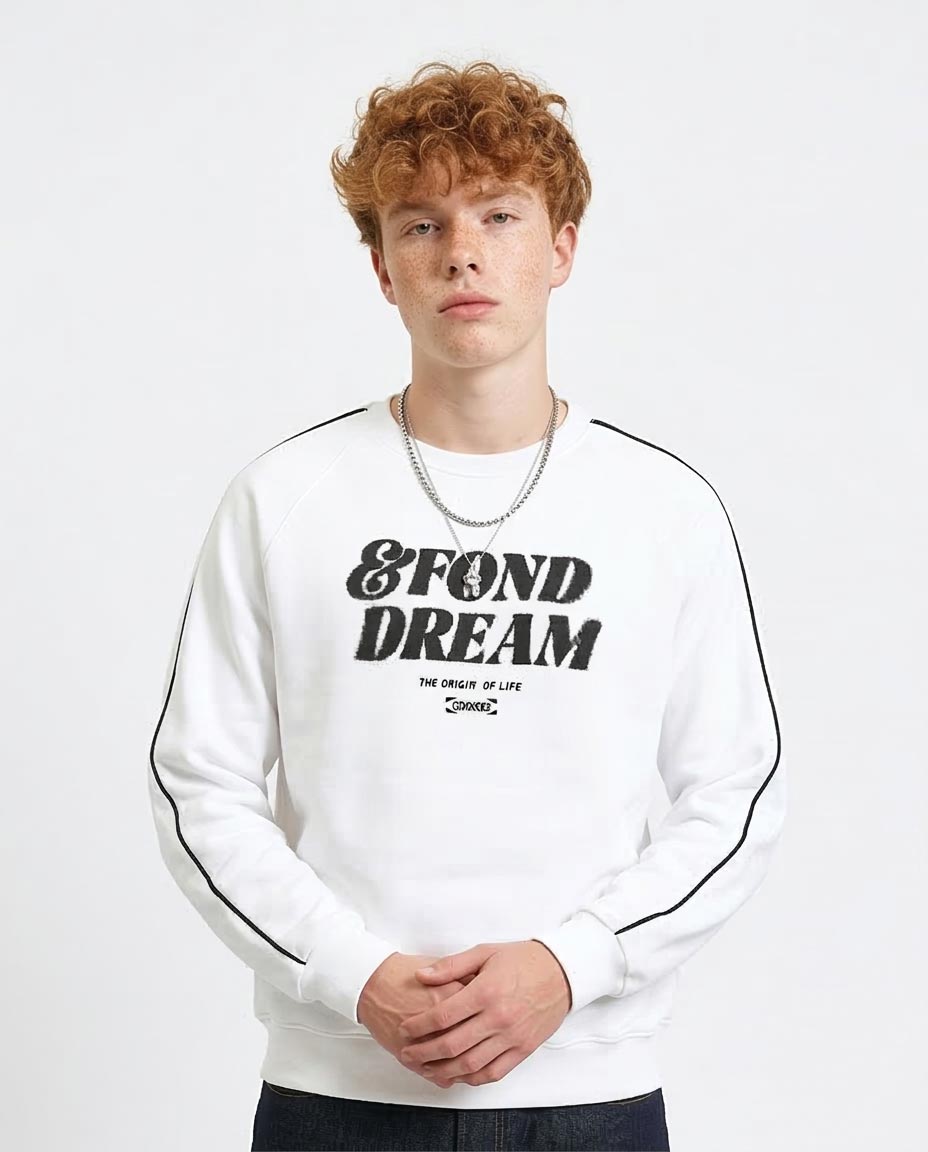 Person wearing a white sweatshirt with black text on a plain background