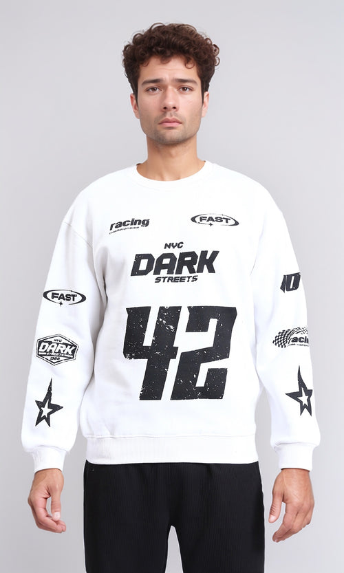 R214404 - Slip On Racing-Style Winter Sweatshirt - White