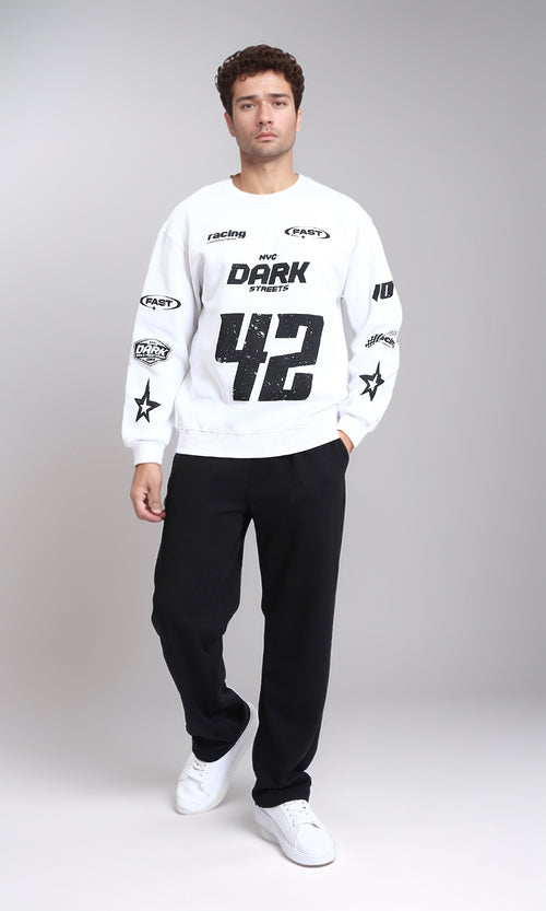 R214404 - Slip On Racing-Style Winter Sweatshirt - White