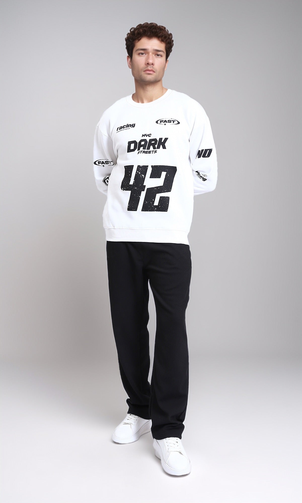 R214404 - Slip On Racing-Style Winter Sweatshirt - White