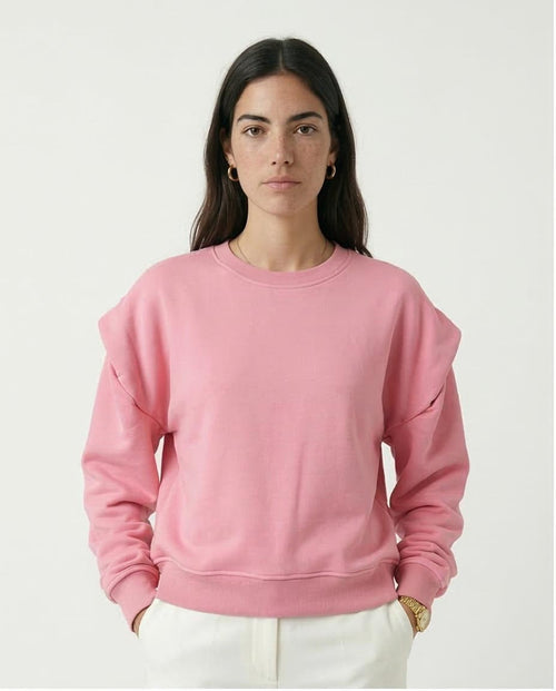 Person wearing a pink sweatshirt against a white background