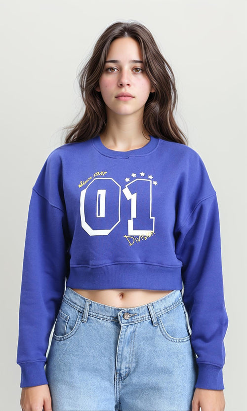 R214412 - Slip On Printed Cropped Sweatshirt - Blue