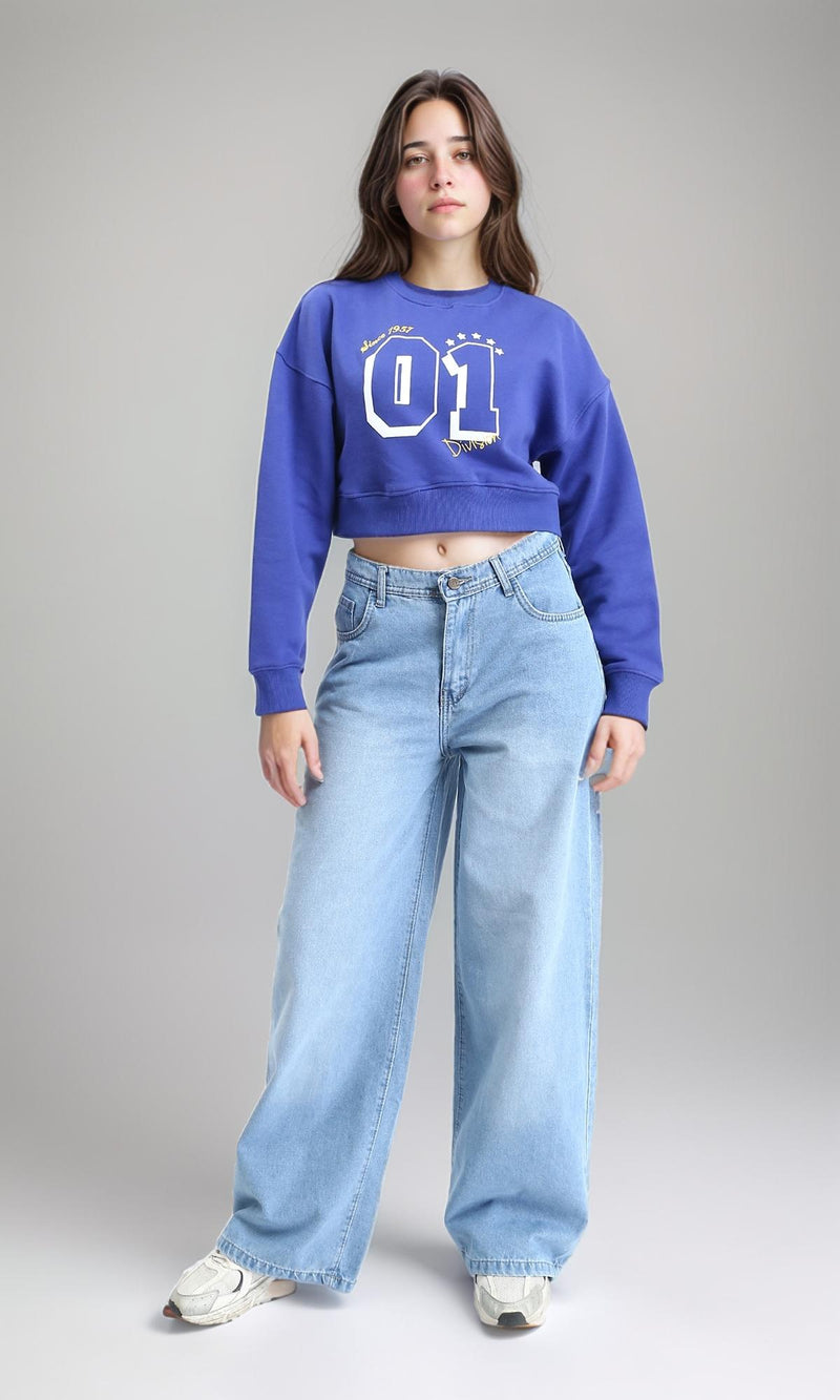 R214412 - Slip On Printed Cropped Sweatshirt - Blue