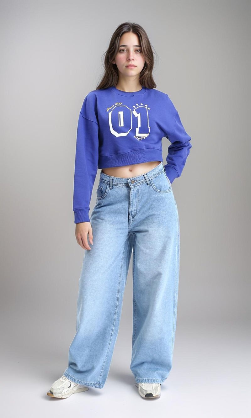 R214412 - Slip On Printed Cropped Sweatshirt - Blue