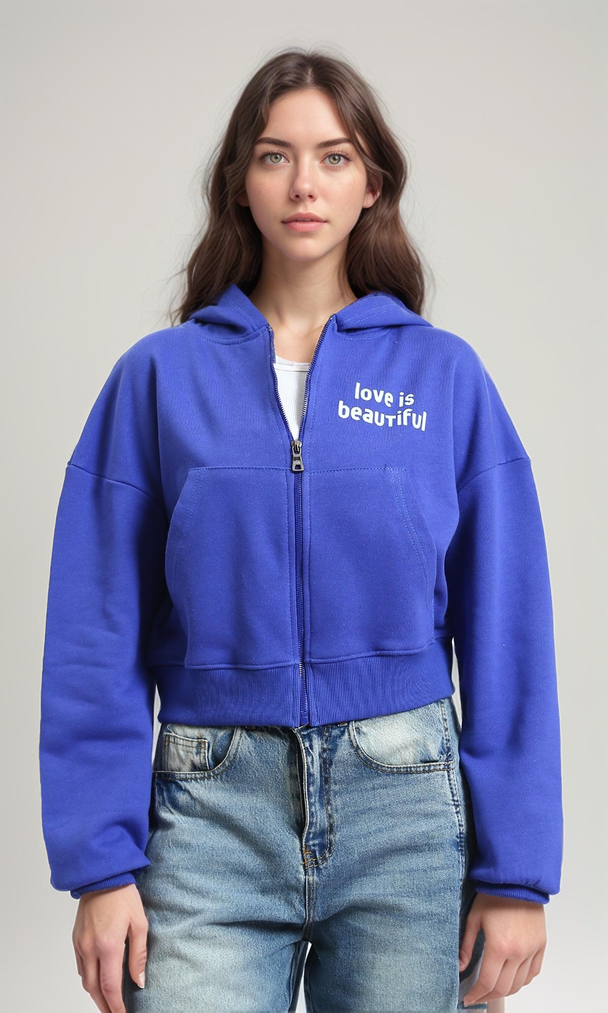 "love Is Beautiful" Printed Zipped Hoodie - Blue