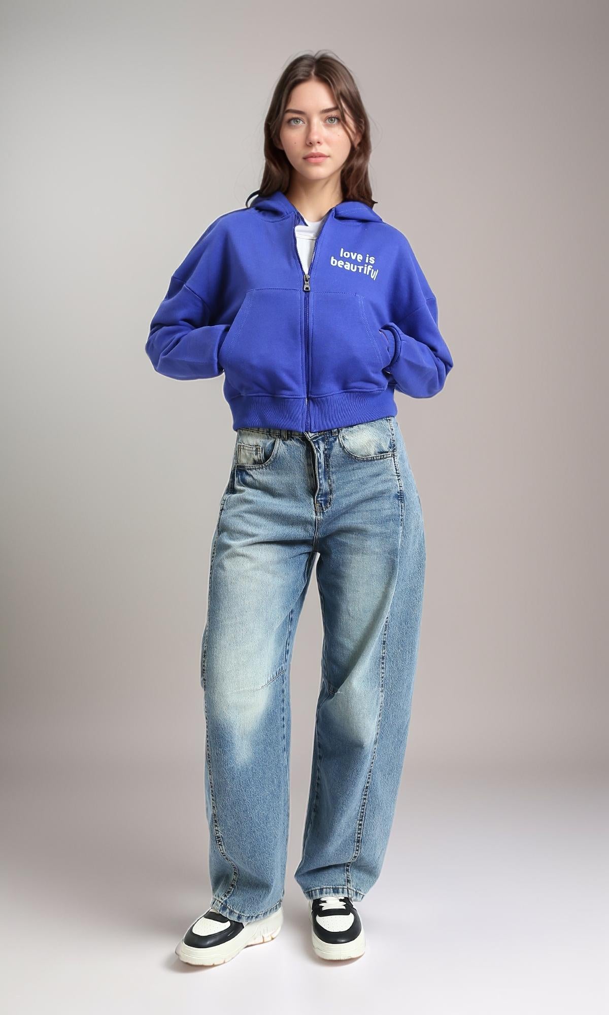 R214413 - "Love Is Beautiful" Printed Zipped Hoodie - Blue