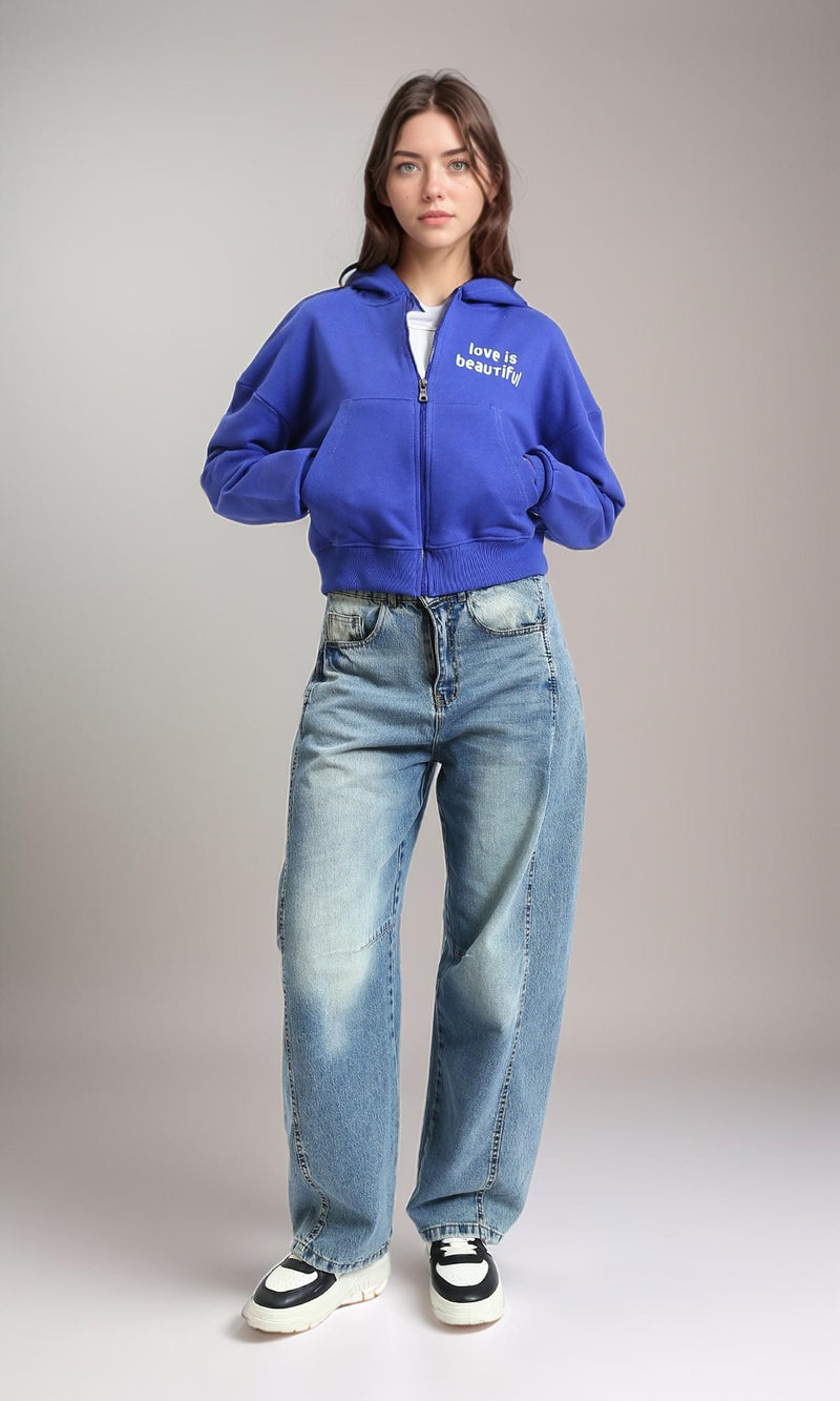 R214413 - "Love Is Beautiful" Printed Zipped Hoodie - Blue