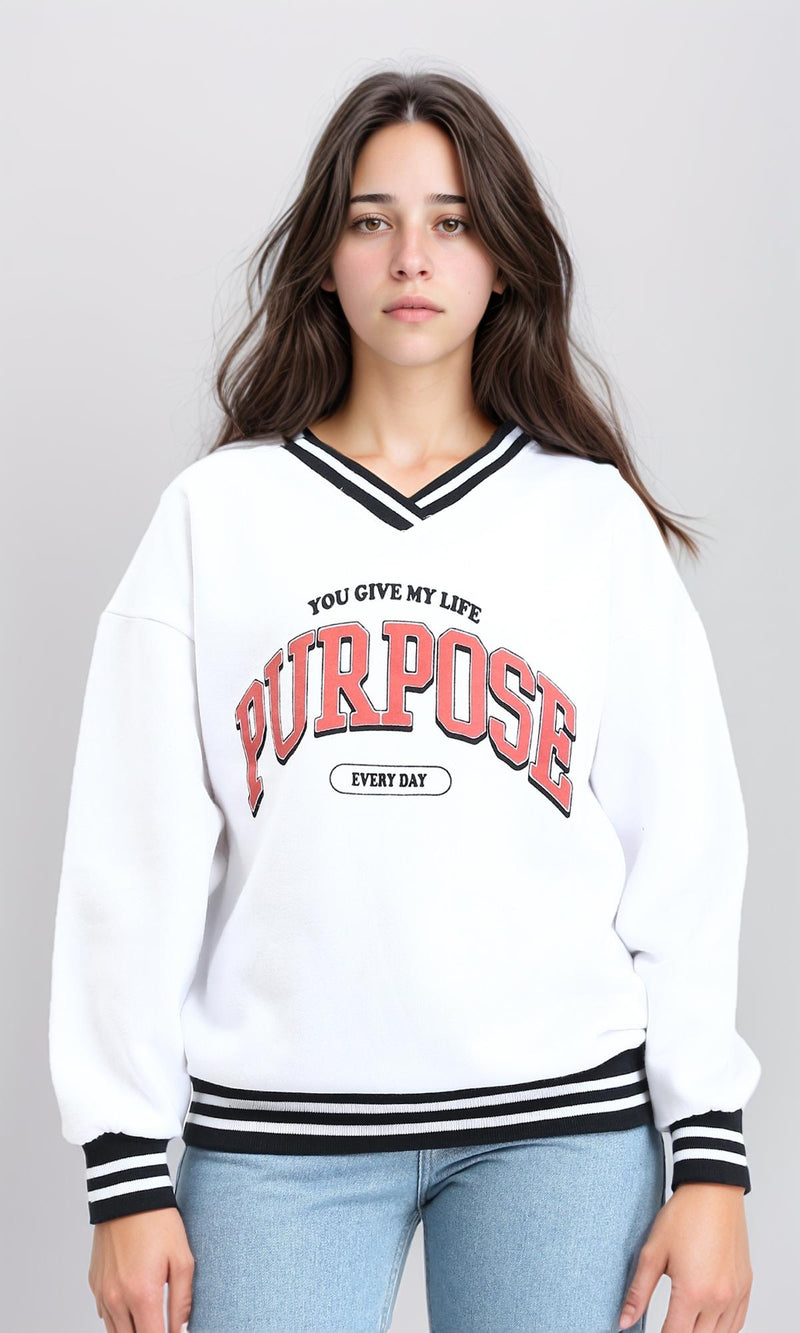 R214414 - Lined V-Neck Printed Sweatshirt - White