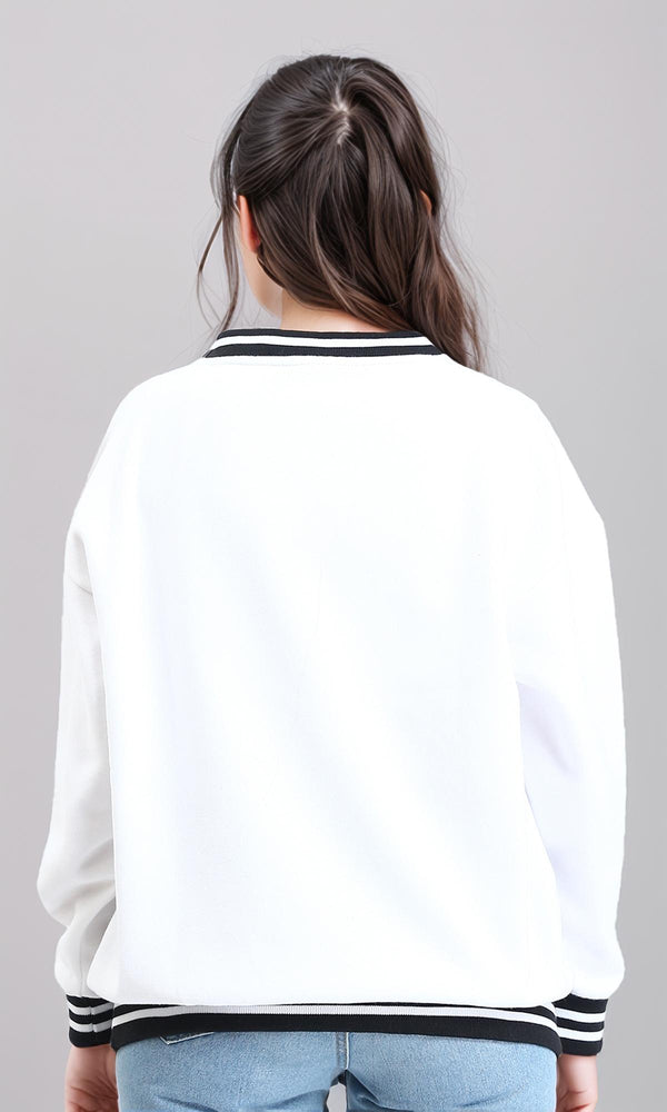 R214414 - Lined V-Neck Printed Sweatshirt - White