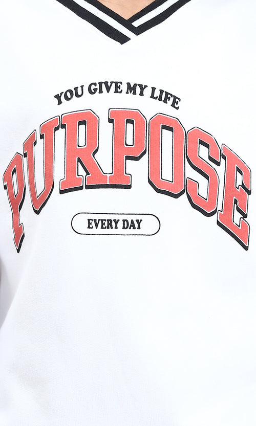 R214414 - Lined V-Neck Printed Sweatshirt - White