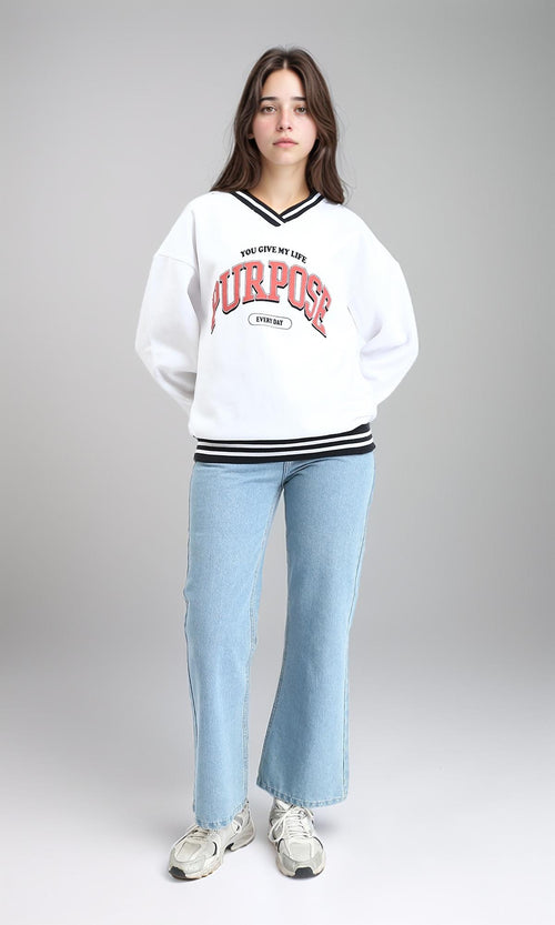 R214414 - Lined V-Neck Printed Sweatshirt - White