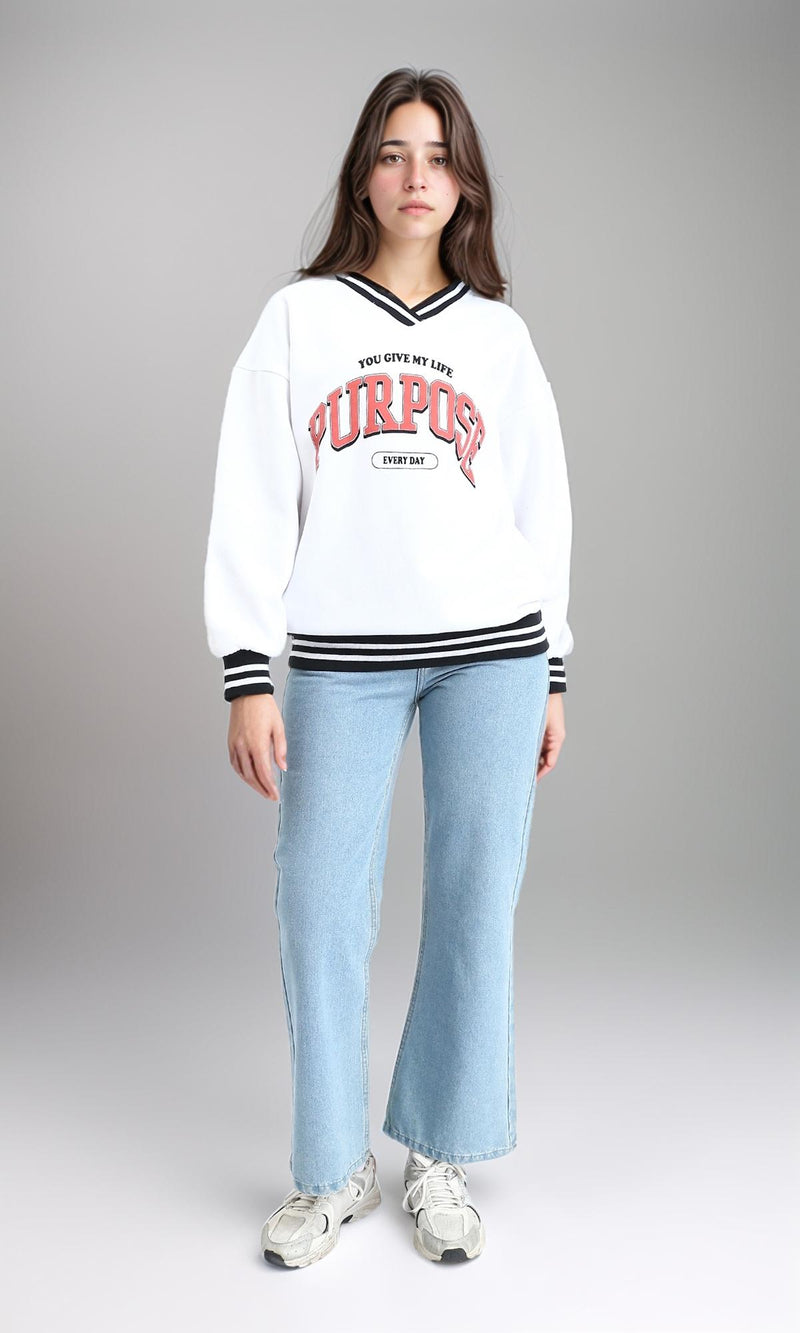 R214414 - Lined V-Neck Printed Sweatshirt - White