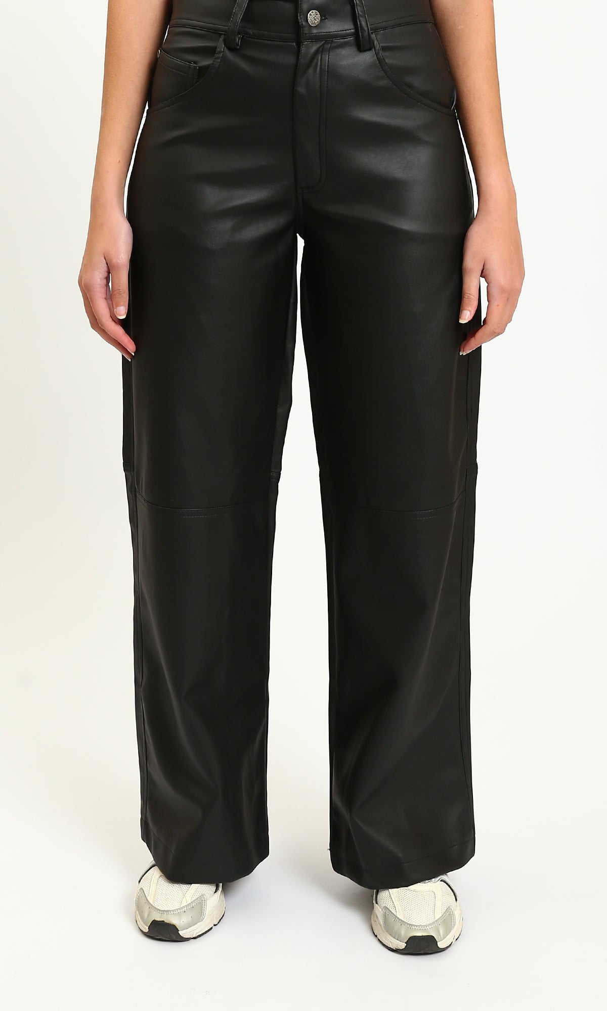Wide-Leg Solid Leather Pants - Black