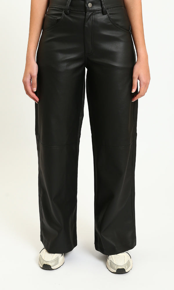 R214471 - Wide-Leg Solid Leather Pants - Black