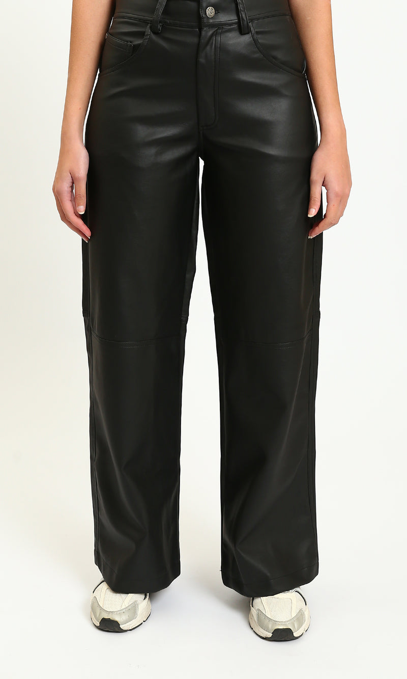 R214471 - Wide-Leg Solid Leather Pants - Black