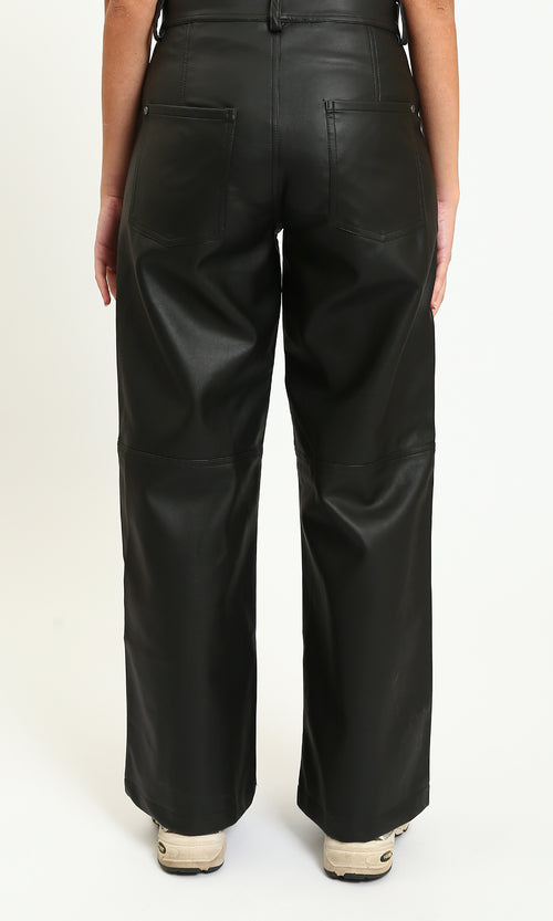 R214471 - Wide-Leg Solid Leather Pants - Black