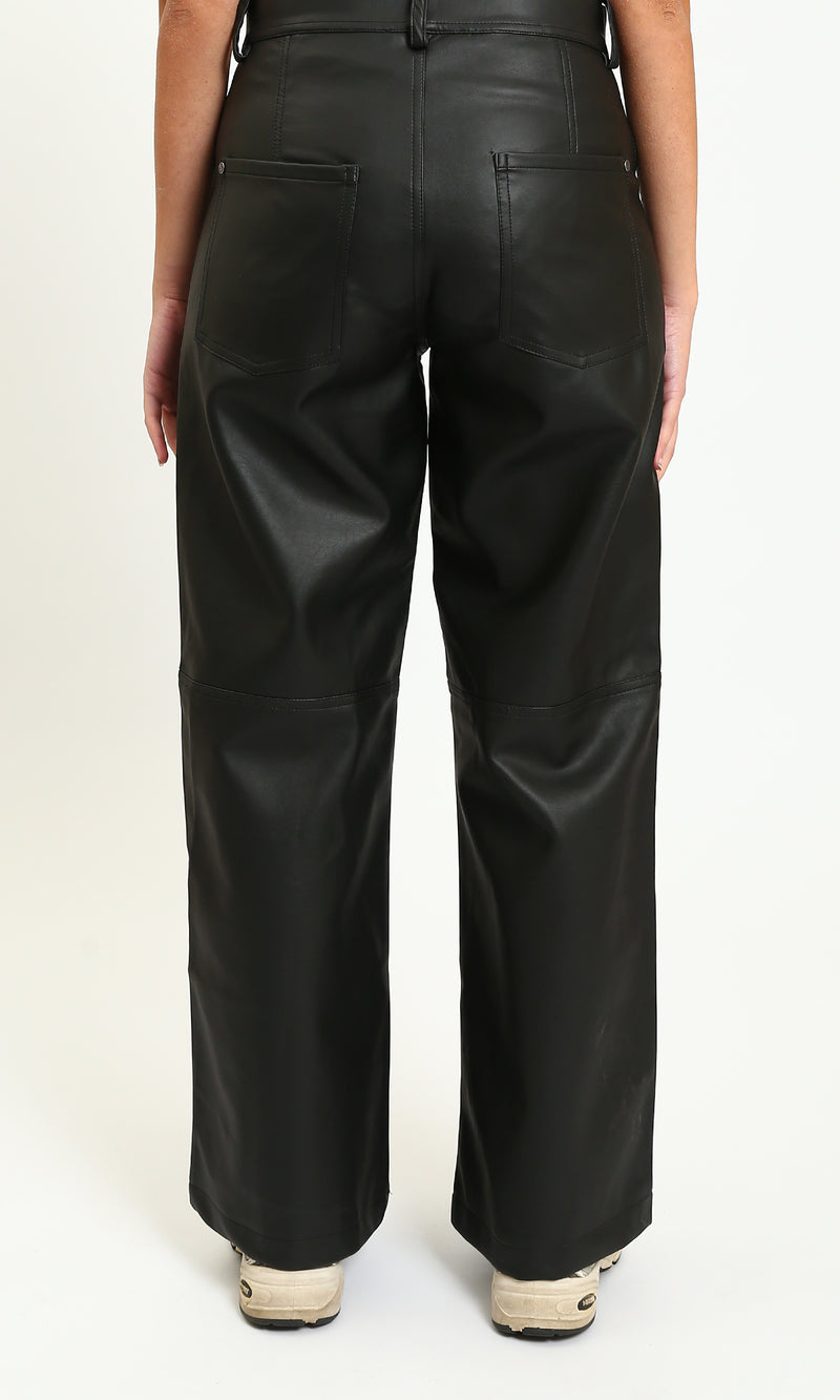 R214471 - Wide-Leg Solid Leather Pants - Black