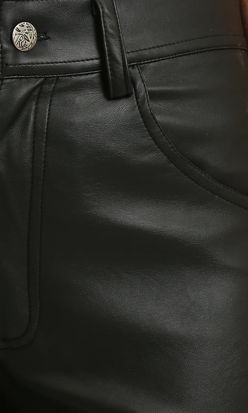 R214471 - Wide-Leg Solid Leather Pants - Black