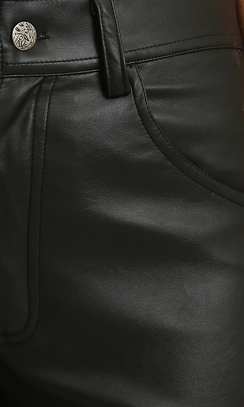 R214471 - Wide-Leg Solid Leather Pants - Black