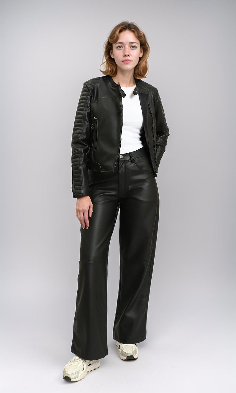 R214471 - Wide-Leg Solid Leather Pants - Black