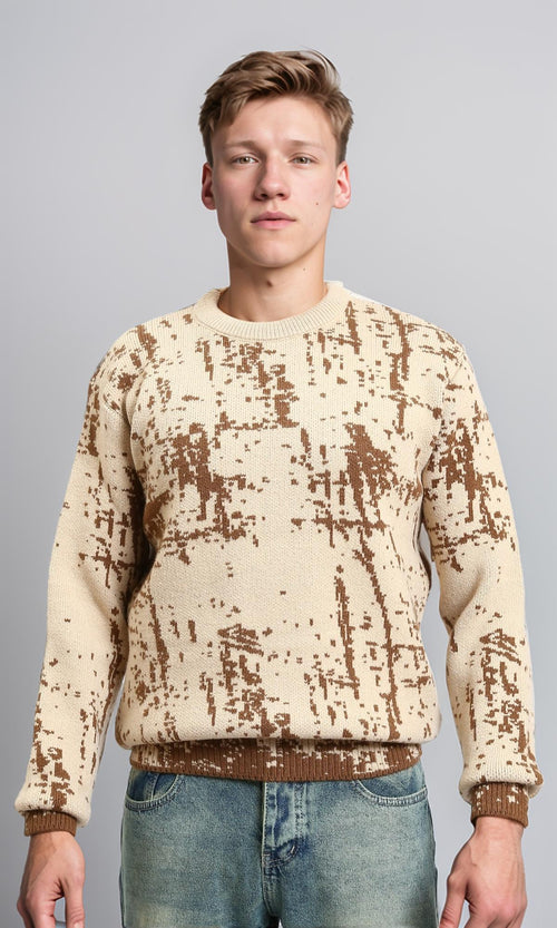 R214475 - Patterned Long Sleeves winter Sweater - Beige & Brown