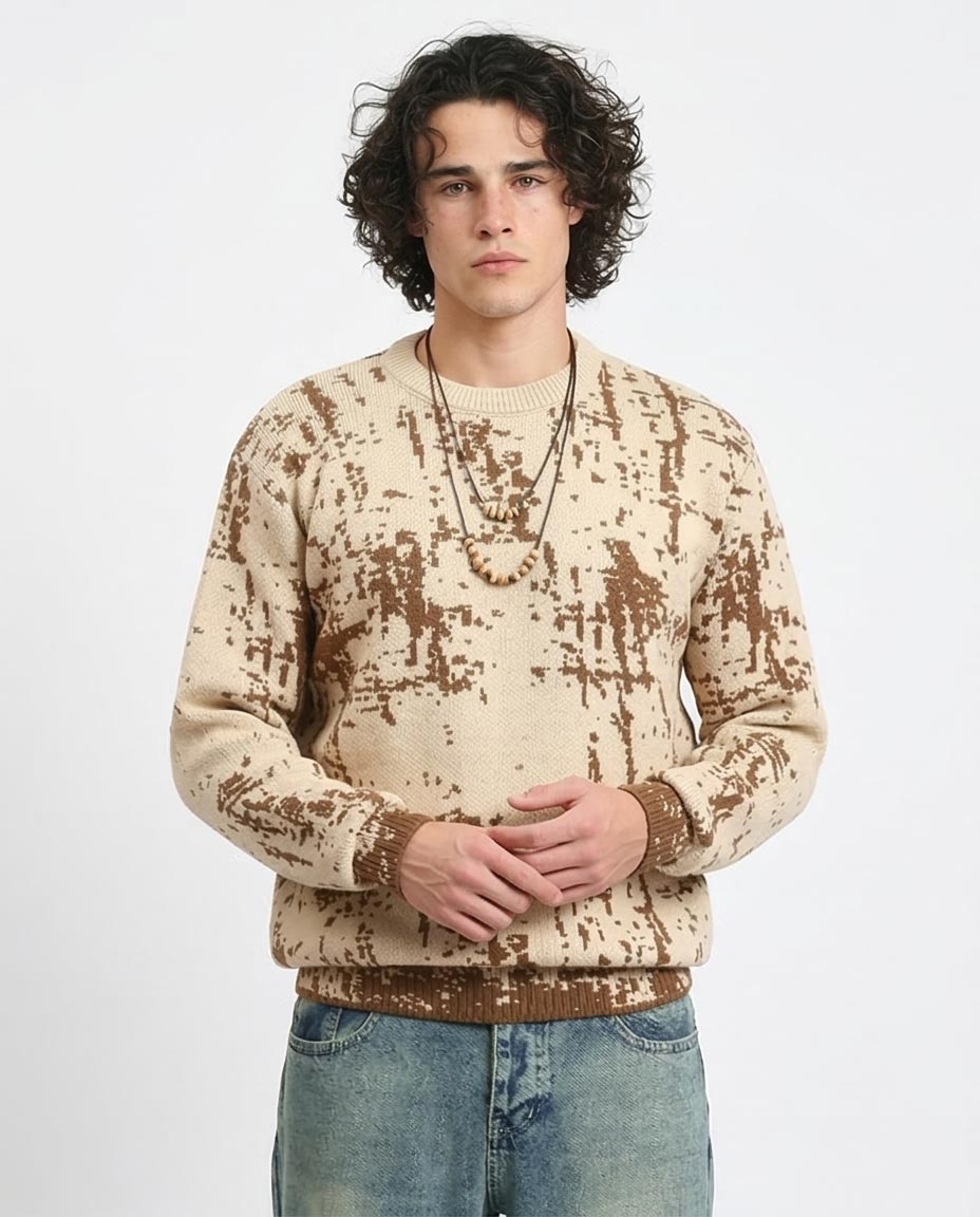 Person wearing a beige and brown patterned sweater with blue jeans on a white background