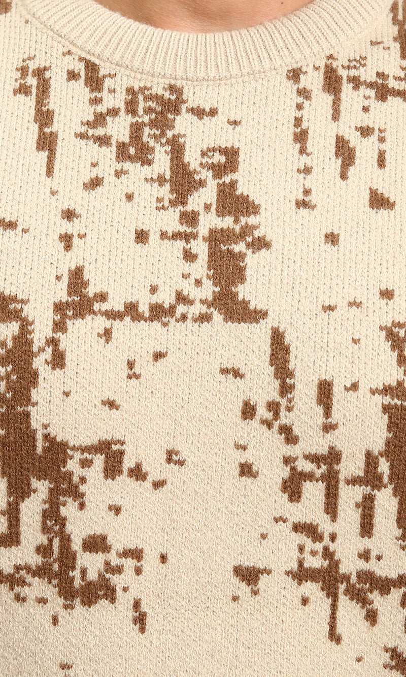 R214475 - Patterned Long Sleeves winter Sweater - Beige & Brown